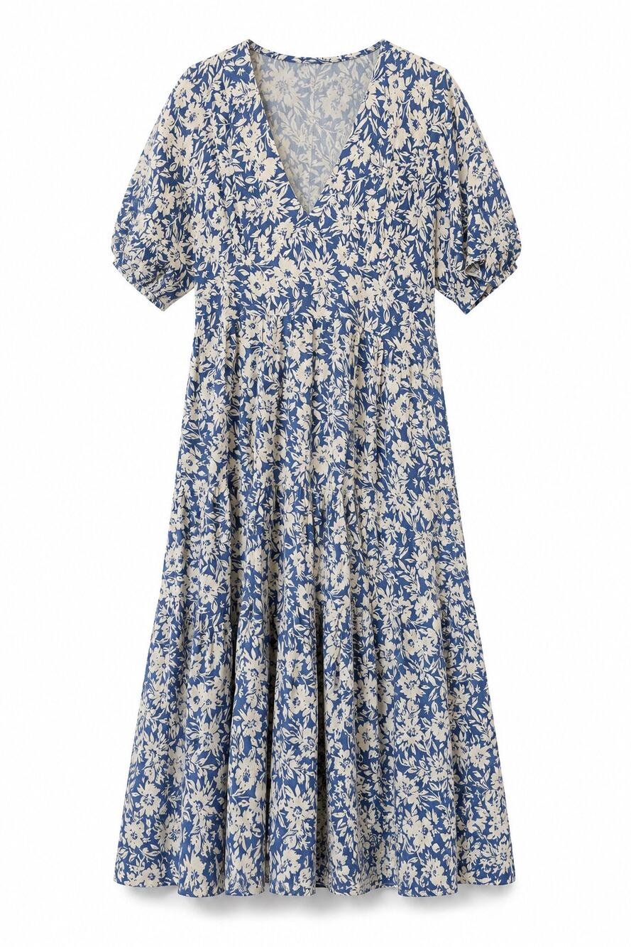 Zara Blue & Cream Floral Puff Sleeve Tiered Midi Dress Size S